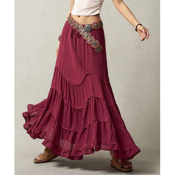 Plus Solid Stretchy Drawstring Waist Ruffle Hem Maxi Skirt - Picture 1 of 7